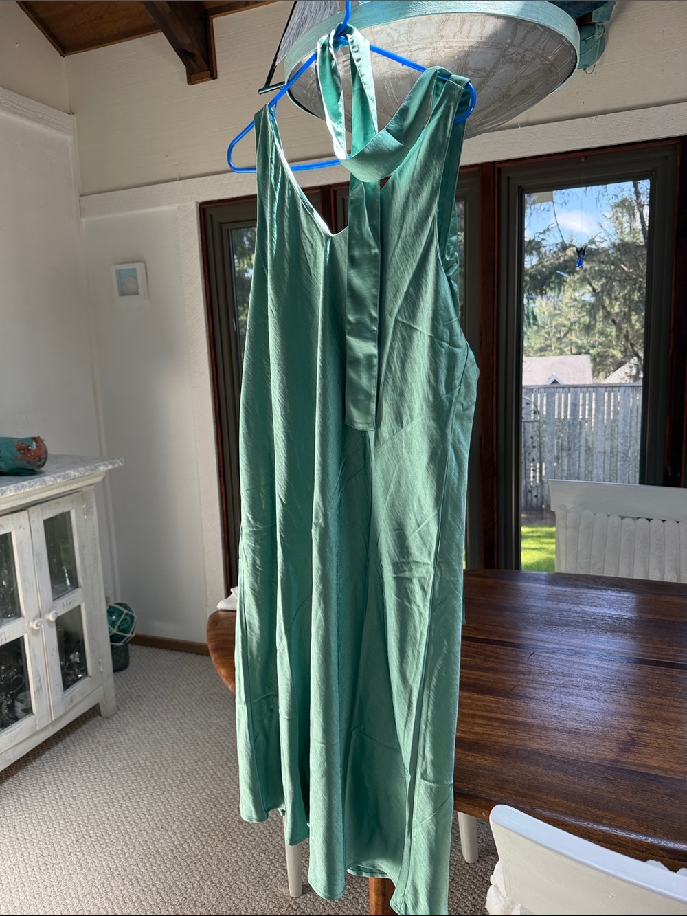 Wildfang Teal-Green Satin Dress with Neck “scarf” or belt NWT